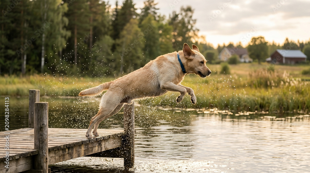 Fototapeta premium Energetic Golden Retriever Leaping Into A Tranquil Lake From A Wooden Dock During A Beautiful Sunny Afternoon At The Countryside