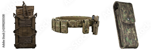 Obraz na płótnie Tactical belt with magazine pouches, pistol holster, and a separate magazine pouch, all in camouflage pattern, isolated on white background