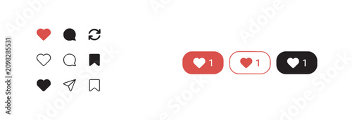 Social media engagement icons set featuring like comment share and save buttons for web design