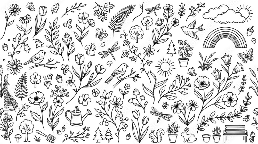 Obraz premium Hand Drawn Botanical And Wildlife Doodle Vector Set Featuring Charming Nature Elements Flowers Birds Trees And Garden Icons In Black And White Style