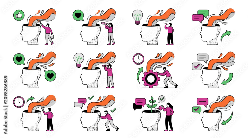 Fototapeta premium Brainstorming and Idea Generation Concept: People Injecting Ideas into Human Head