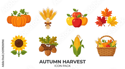 Autumn harvest icons show seasonal fruits and vegetables. Thanksgiving Day