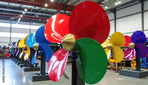 Vividly Colored Boat Propellers Displayed in a Row in a Marine Equipment Showroom Showcasing Diverse Designs and Bright Metallic Finishes