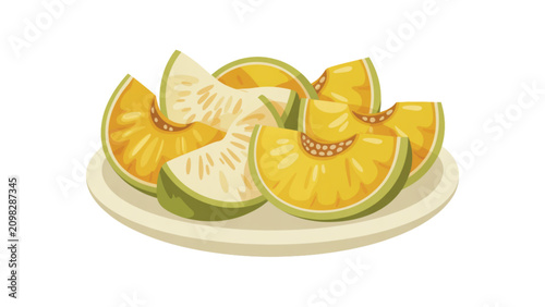 Freshly sliced yellow cheese on a white plate with lemon garnish Vector
