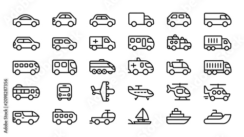 Collection of flat design icons showing various transportation and utility vehicles Vector