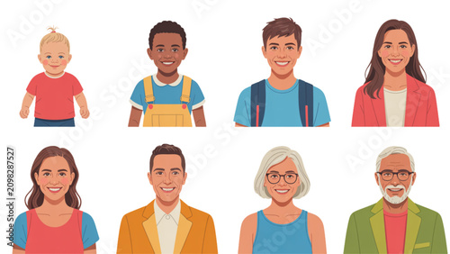 Five diverse people standing in a row showing different facial expressions Vector