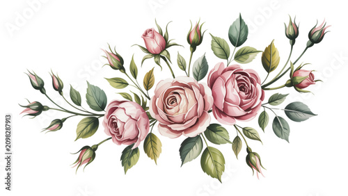 Delicate floral bouquet with pink roses and green leaves in a decorative pattern Vector