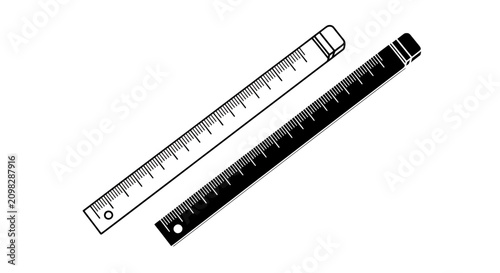 Two measurement rulers, metal and plastic, laid side by side for scale and drafting.
