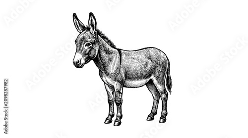 Donkey standing alone looking sideways.