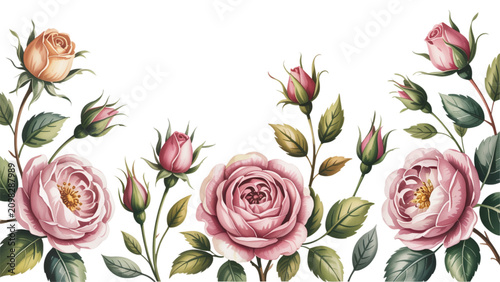 Beautiful floral border with pink roses and green leaves in a decorative pattern Vector