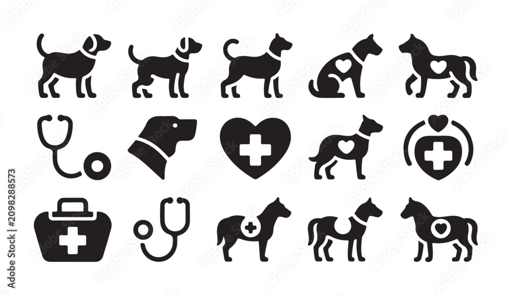 Obraz premium Veterinary icon set featuring dogs with hearts plus medical equipment on white background.
