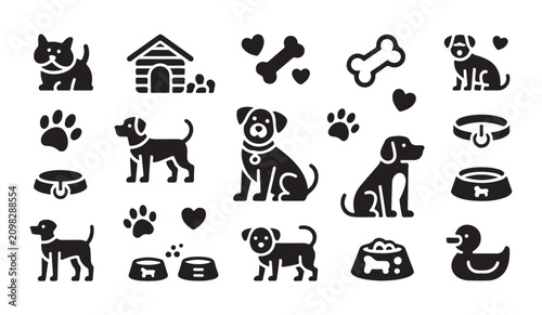 Graphic icon set featuring dogs silhouettes dog house paw prints and pet care accessories.