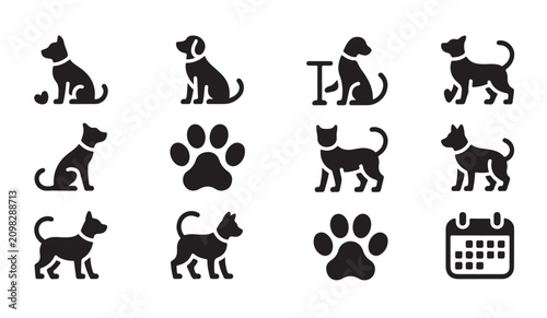 Photos Sitting and walking dog vector icons with paw prints and calendar