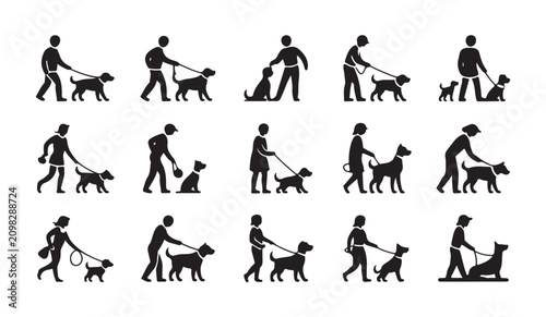 Foto People walking dogs on leashes vector icons depicting pet ownership