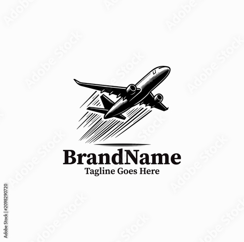 Black Image Vector Logo of Passenger Plane Takeoff, Retro Airplane Flight Engraving Illustration Isolated on White Background