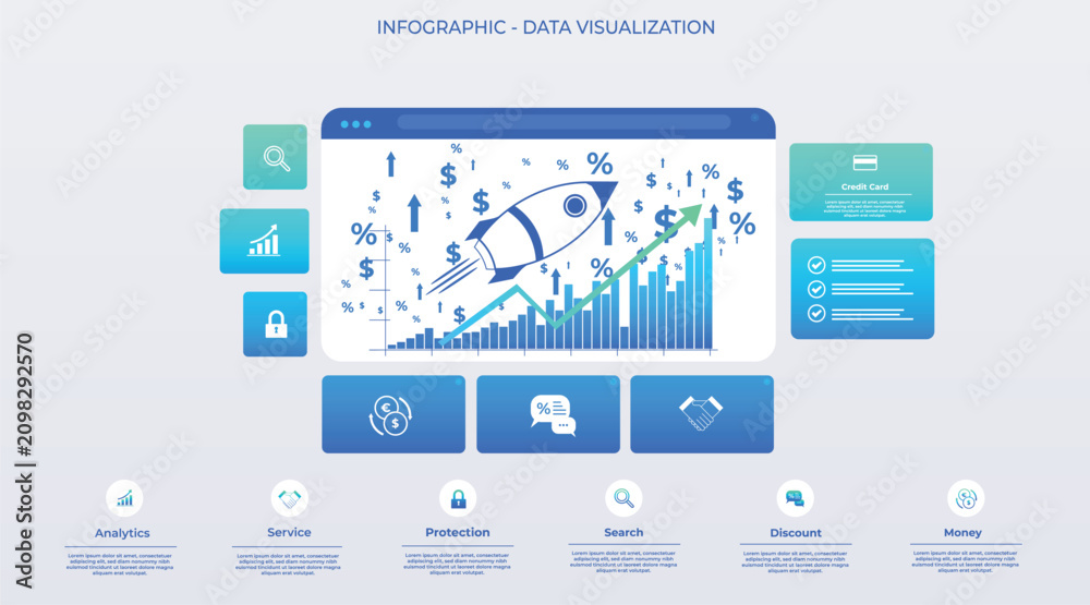 Naklejka premium Futuristic cryptocurrency launch infographic featuring a rocket,(green and blue) upward-trending financial data and statistical bars, and a six-button interface. Represent exponential growth in value