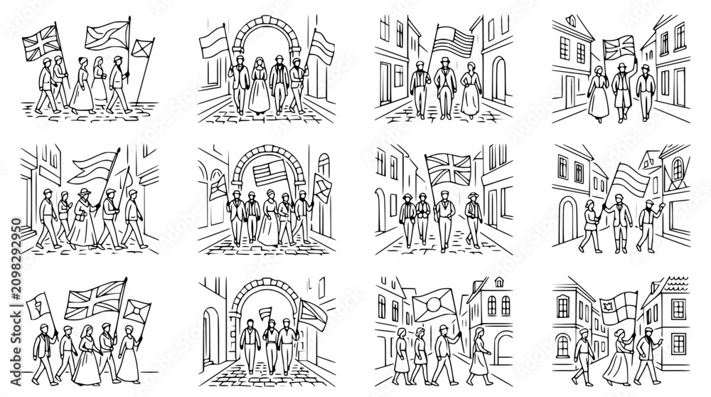 Obraz premium Historical Procession with Flags and Old Buildings, Vintage Line Art