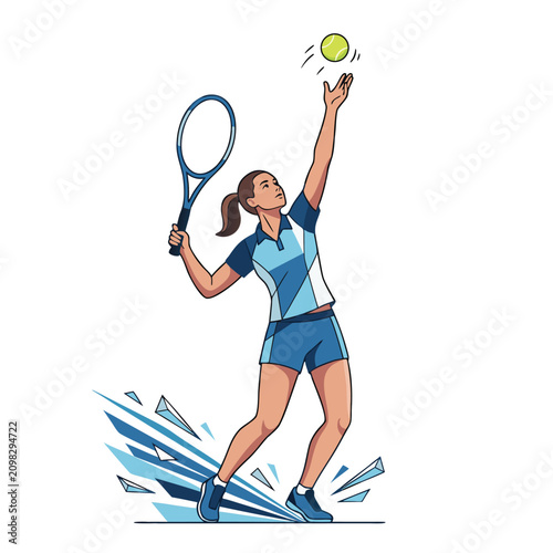 Young Female Tennis Player Serving Ball in Professional Match Illustration