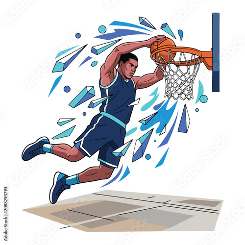 Basketball Player Performing Powerful Slam Dunk in Dynamic Action Illustration