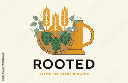 Tableau sur toile Craft beer brewery branding logo with wooden beer stein holding hops and wheat s