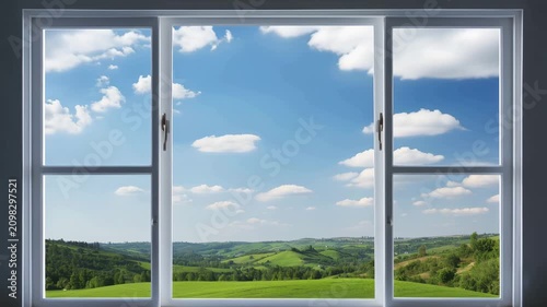 Modern White Window Framing a Beautiful Blue Sky with Soft White Clouds