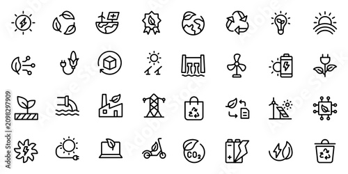 Foto Renewable energy line icon set with green energy, alternative power and eco sustainability symbols