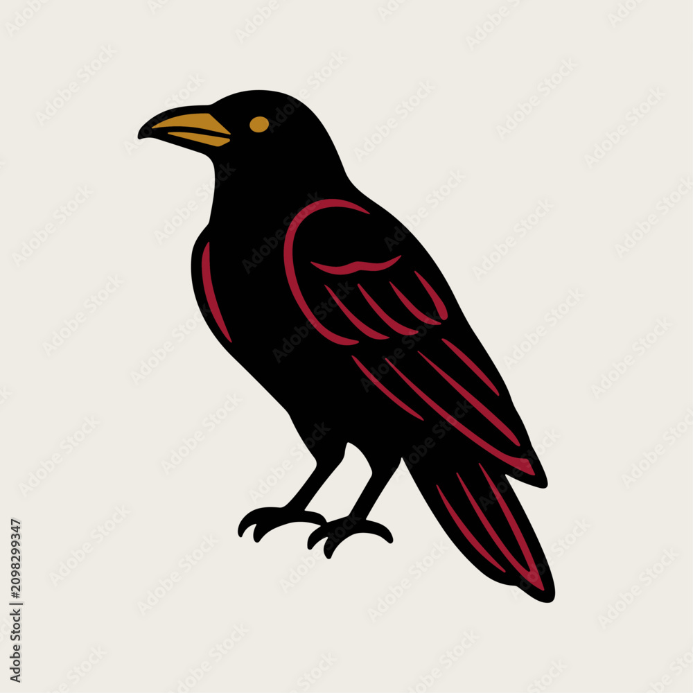Fototapeta premium A stylized minimalist vector illustration of a black raven bird on a light background.