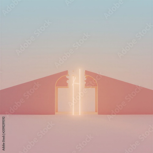 Abstract minimalist 3D rendering of pink architectural arch with glowing neon light under pastel gradient sky