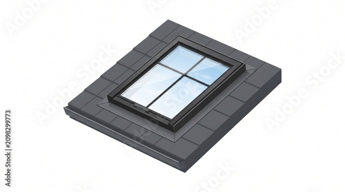 Isometric illustration of a modern skylight window installed on a dark tiled sloped roof surface for residential architecture design
