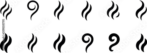 Black steam waves and aroma smoke silhouettes set for hot coffee or tea drink decoration. Vector Illustration