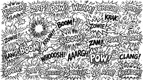 Bild auf Leinwand Retro comic book sound effects pattern, black and white pop art explosion bubble