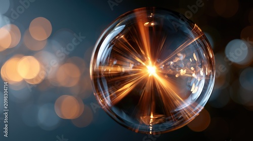 A radiant, glowing energy core illuminates a clear sphere with scattered light