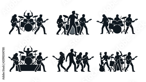 Rock Band Silhouette Set: Musicians Playing Instruments and Singing