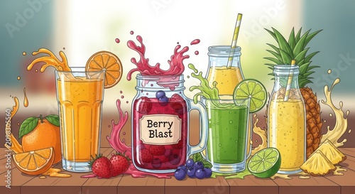 Vibrant fruit juices and smoothies with fresh fruit splashes on table