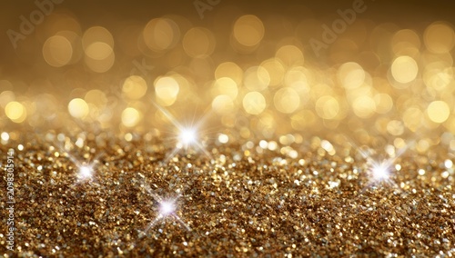 A shimmering golden glitter close-up with sparkling lights and soft bokeh in background