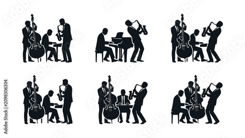 Photography Jazz Band Silhouettes - Musicians Playing Saxophone, Piano, and Double Bass