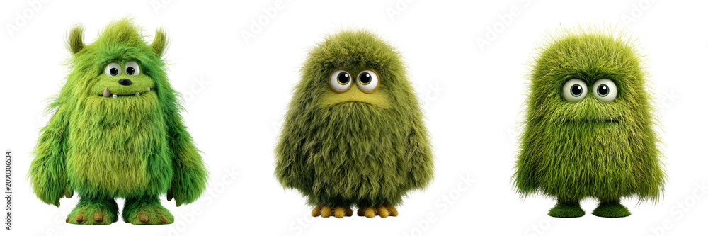 Obraz premium Set of Cute fuzzy green monster with oversized round eyes for cartoon on transparent png background. Ai generated