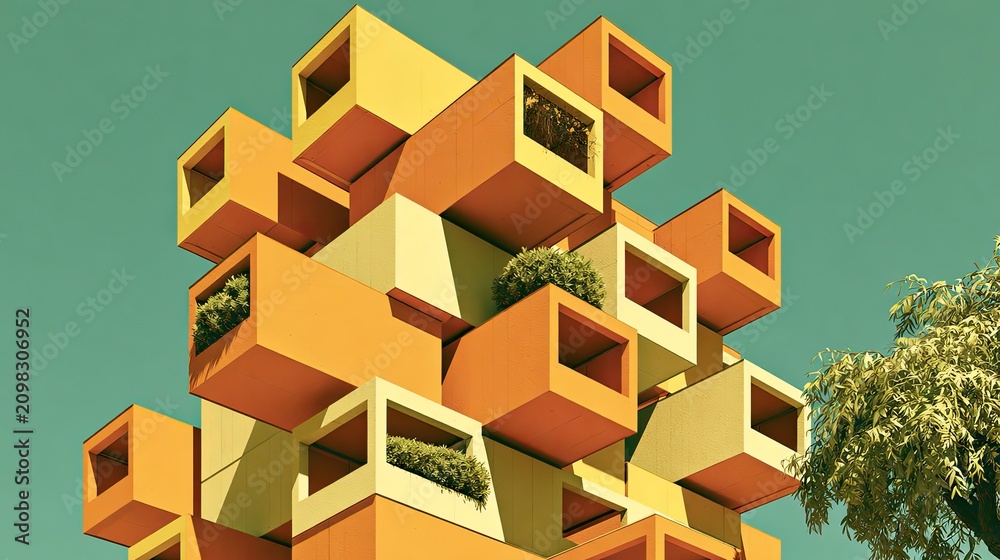 Fototapeta premium A vibrant, abstract tower of stacked orange and yellow modular units with greenery