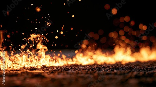 Intense flames flicker and sparks fly across a dark, textured surface