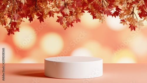 Autumn display podium with soft bokeh lights and falling leaves