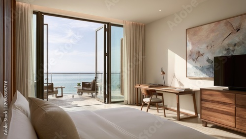Luxurious bedroom with sea view, private balcony, desk, and modern art