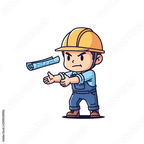 Schilderij op canvas Cartoon construction worker throwing blueprint.