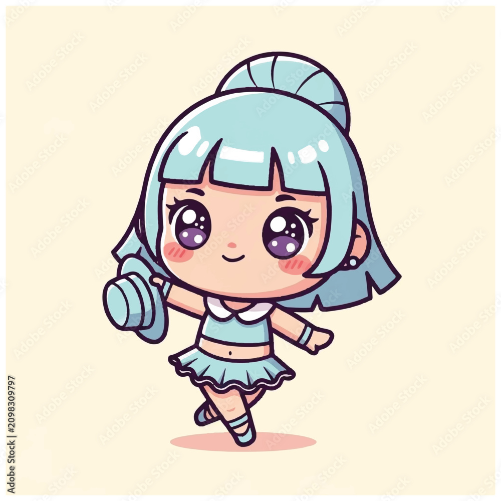 Fototapeta premium Cartoon girl with blue hair exercising.