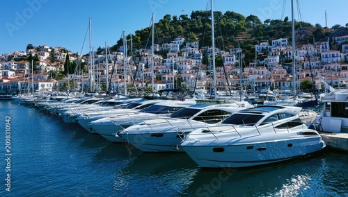 Lined up white luxury motorboats docked in a sunny harbor with white buildings