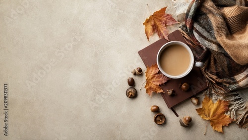 Autumn Coffee Flat Lay With Book Plaid Scarf Leaves And Copy Space