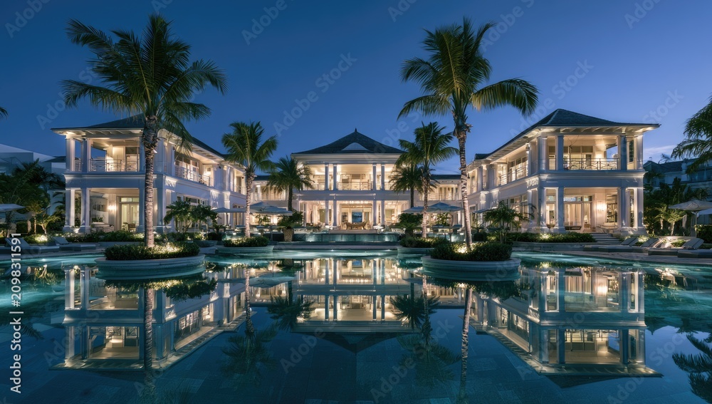Obraz premium Opulent resort illuminated at dusk, reflecting in a still pool