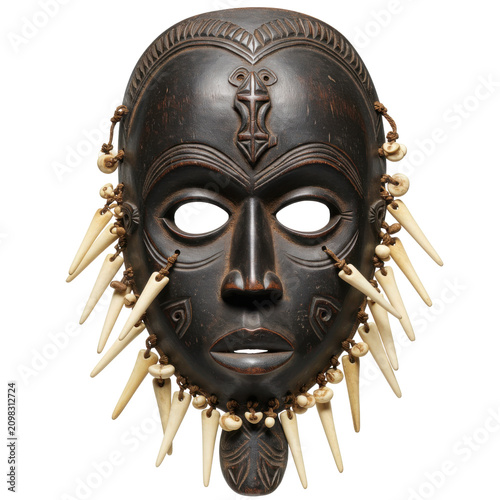 Intricate african wooden mask adorned with bone ornaments isolated on white background
