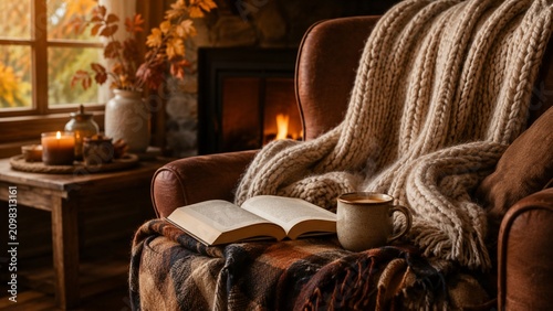 Cozy Autumn Armchair With Book Coffee and Fireplace