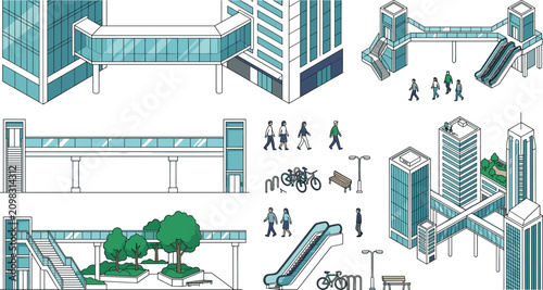 Bild auf Leinwand Isometric urban skybridge vector asset set with pedestrian overpasses skyscraper