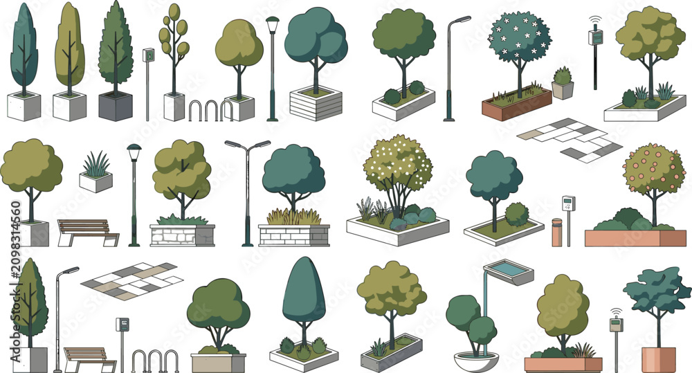 Obraz premium Isometric vector illustration set of modern urban furniture architecture elements and potted trees for city park planning and commercial landscaping mockups